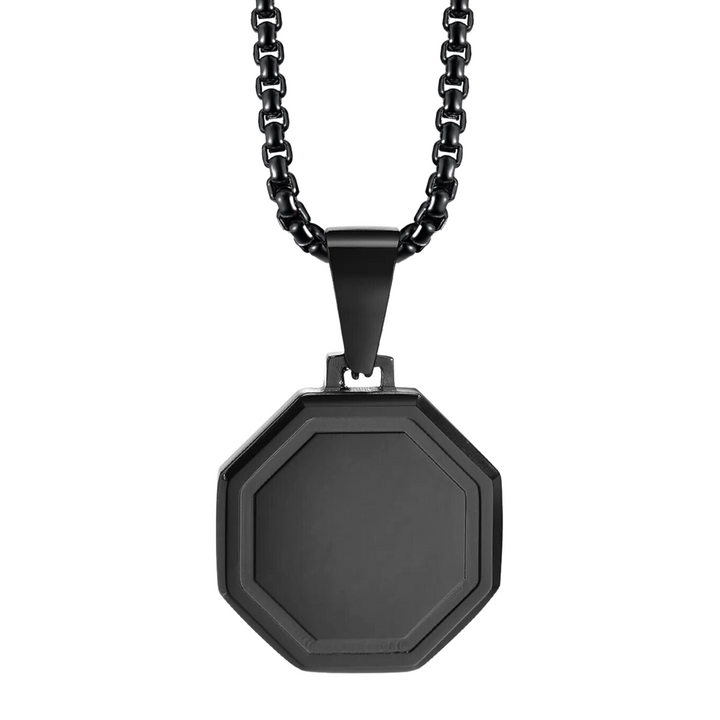 Onyx Octagon Necklace Black, isolated on white showing the octagon pendant and box chain