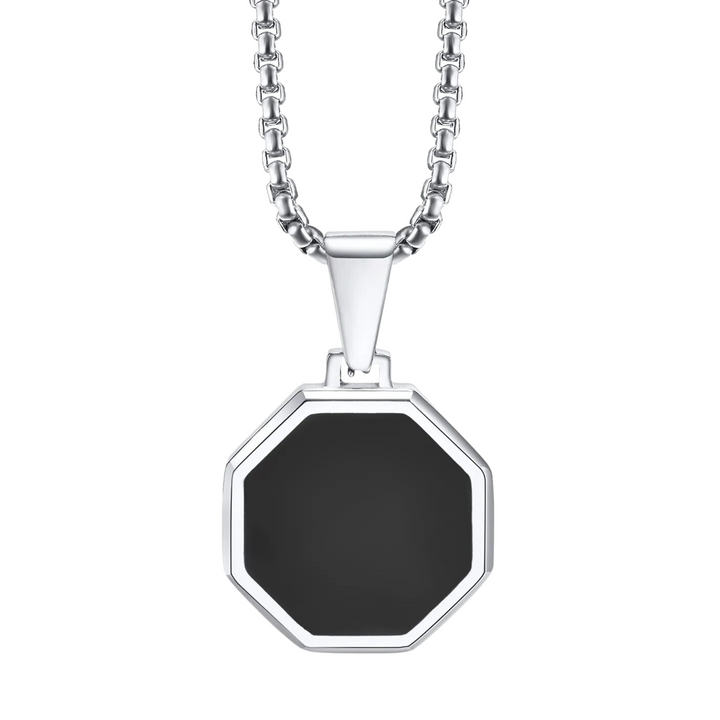 Onyx Octagon Necklace Silver, isolated on a white background hanging straight down