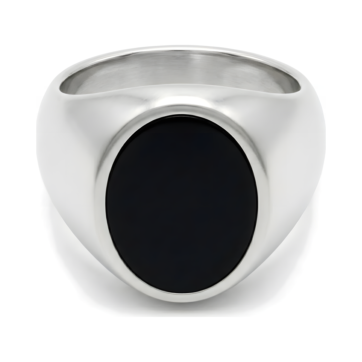 Onyx Oval Signet Ring, isolated on a white background in a front-on flat view
