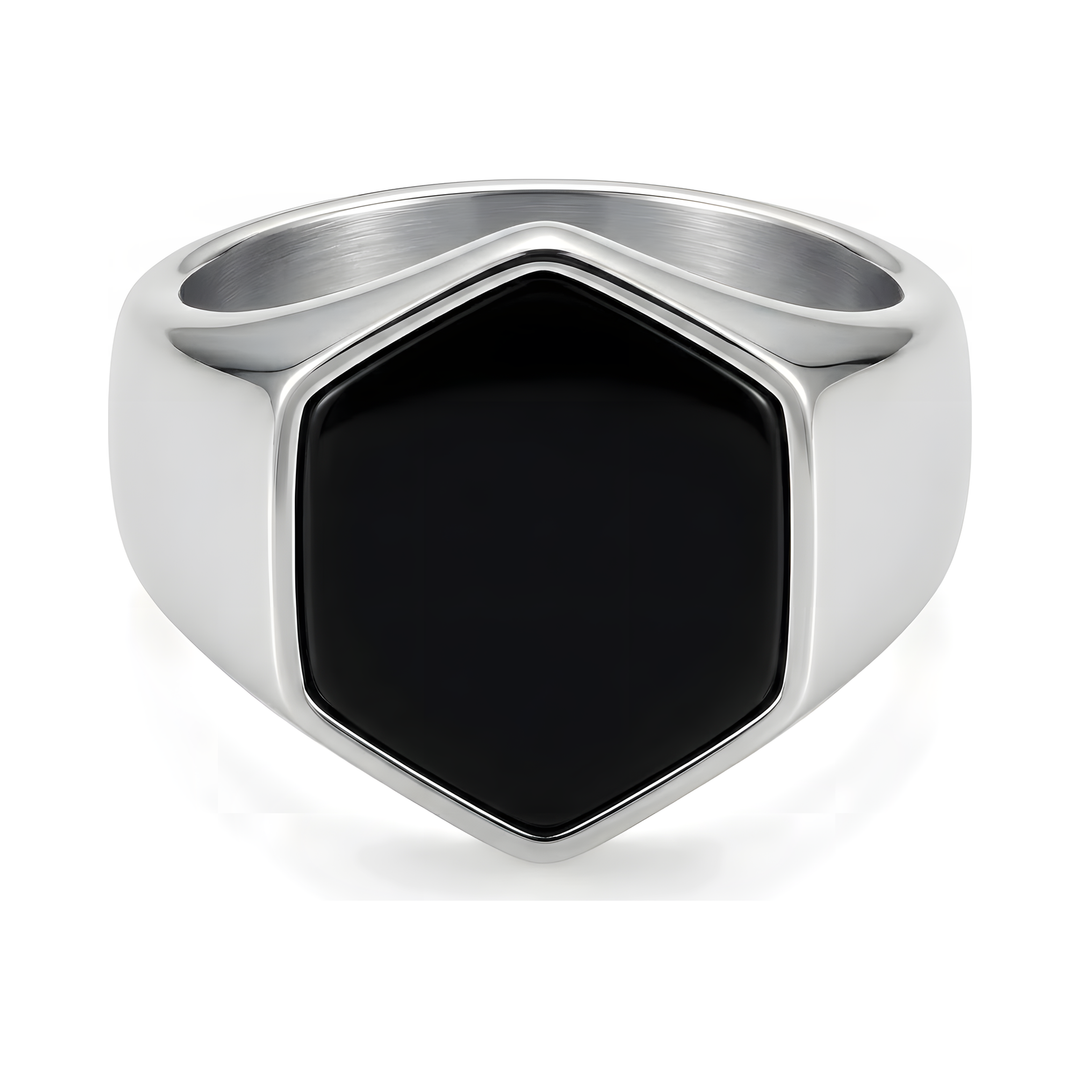Onyx Silver Hexagon Signet Ring