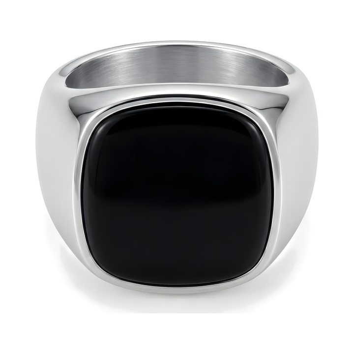 Onyx Signet Ring Silver, isolated on a white background shown face on