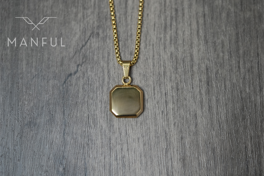 Onyx Square Necklace Gold, flipped to show the plain gold reverse side