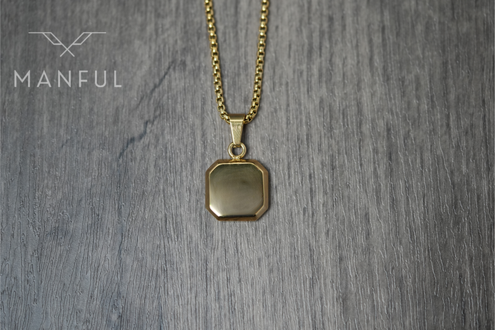 Onyx Square Necklace Gold, flipped to show the plain gold reverse side