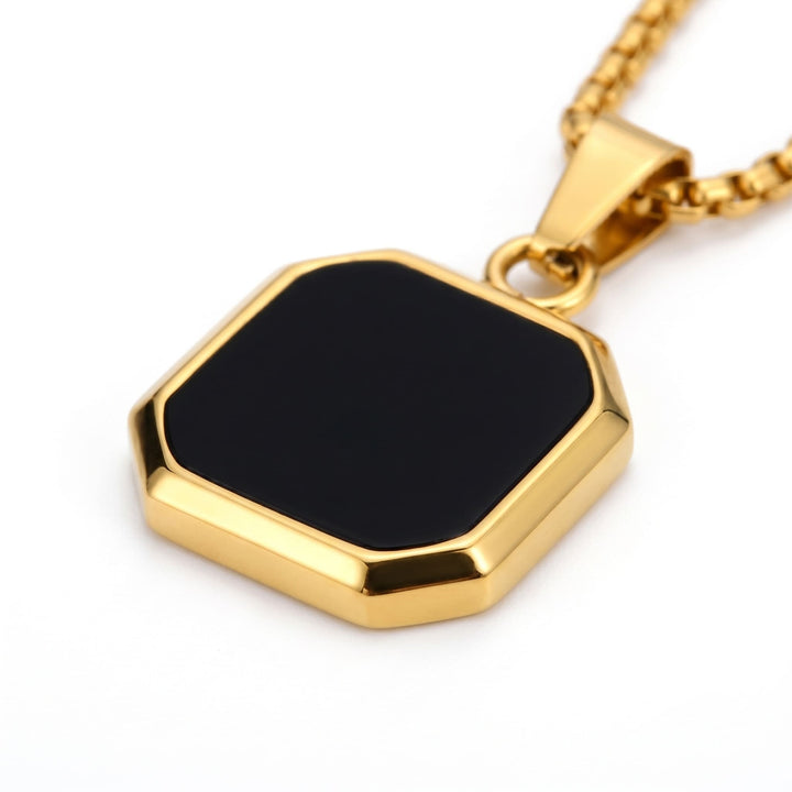 Onyx Square Necklace (Gold), close-up of the black face, gold bezel and bail