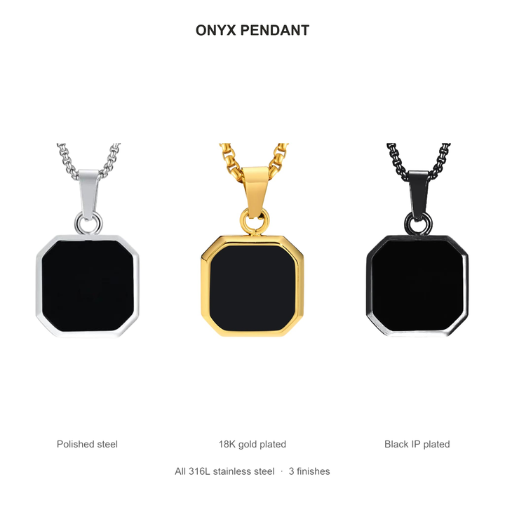 Onyx Square Necklace (Gold) finishes: Polished steel, 18K gold plated and Black IP plated, all 316L stainless steel