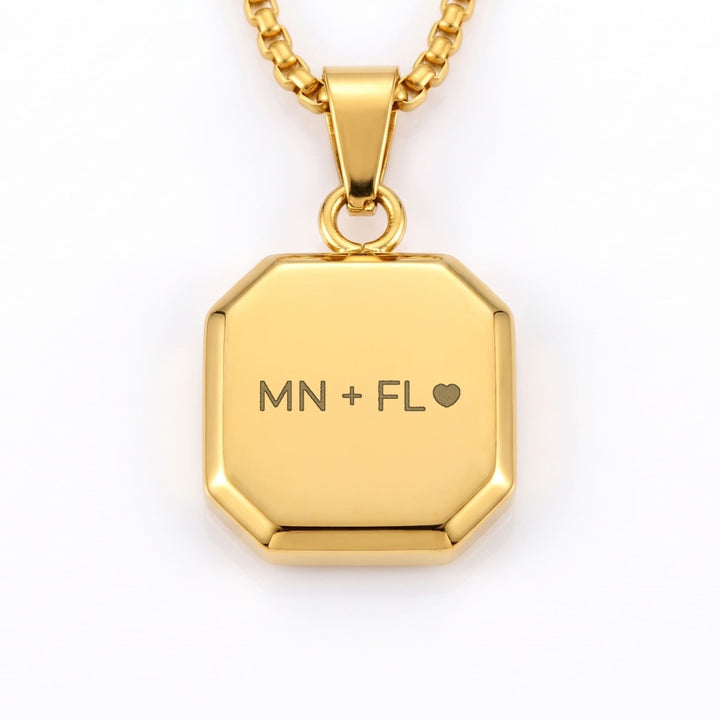Onyx Square Necklace (Gold) engraving example: MN + FL with a heart on the plain gold back