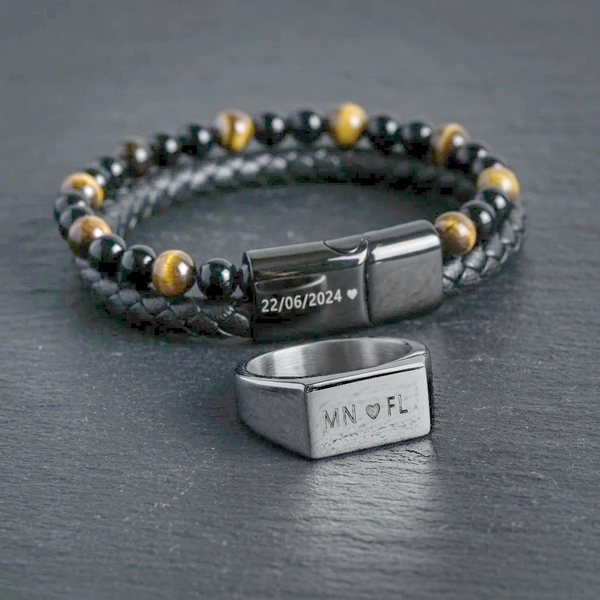 Personalised Jewellery Collection, a tiger eye bead bracelet engraved 22/06/2024 and a silver signet ring engraved MN FL