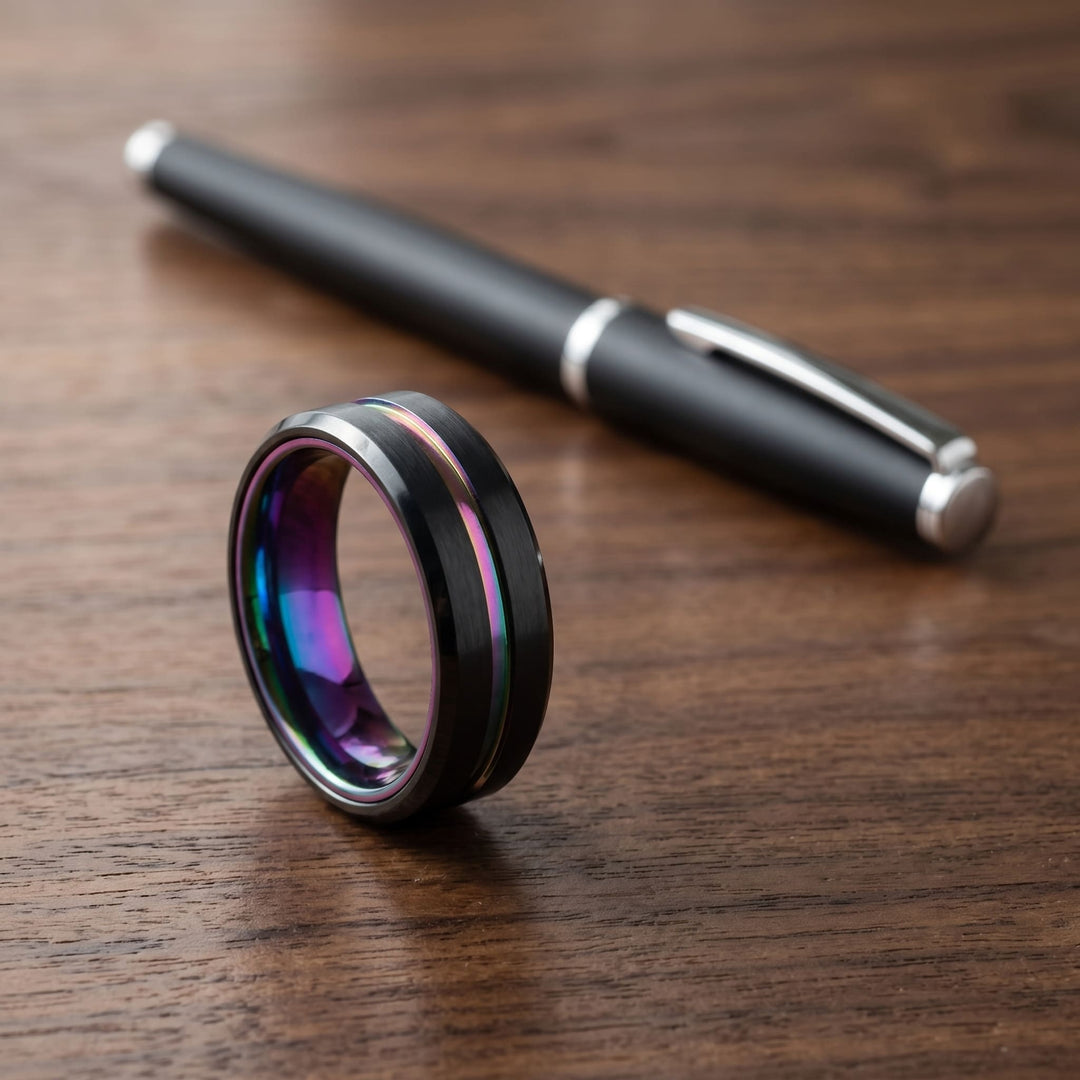 Rainbow Band on a walnut desk beside a black pen