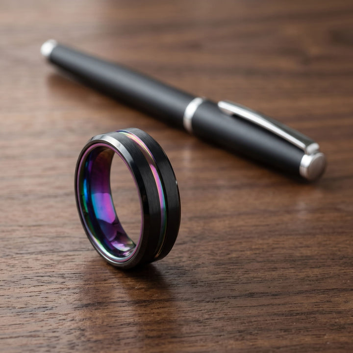 Rainbow Band on a walnut desk beside a black pen