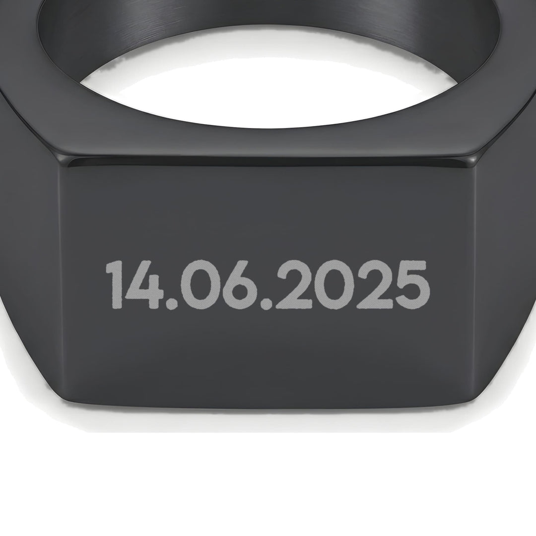 Rectangular Signet Ring (Black) engraving example: the date 14.06.2025 engraved on the face