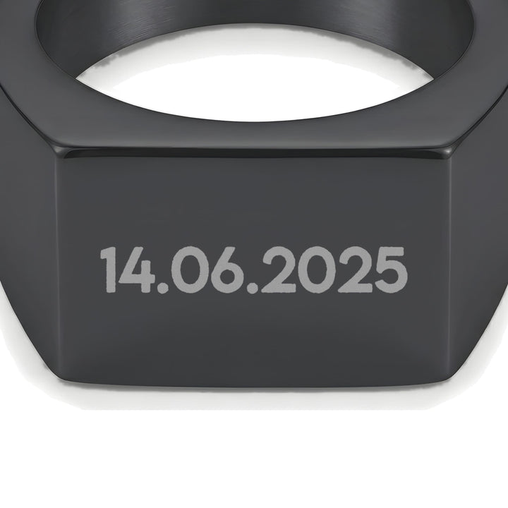Rectangular Signet Ring (Black) engraving example: the date 14.06.2025 engraved on the face