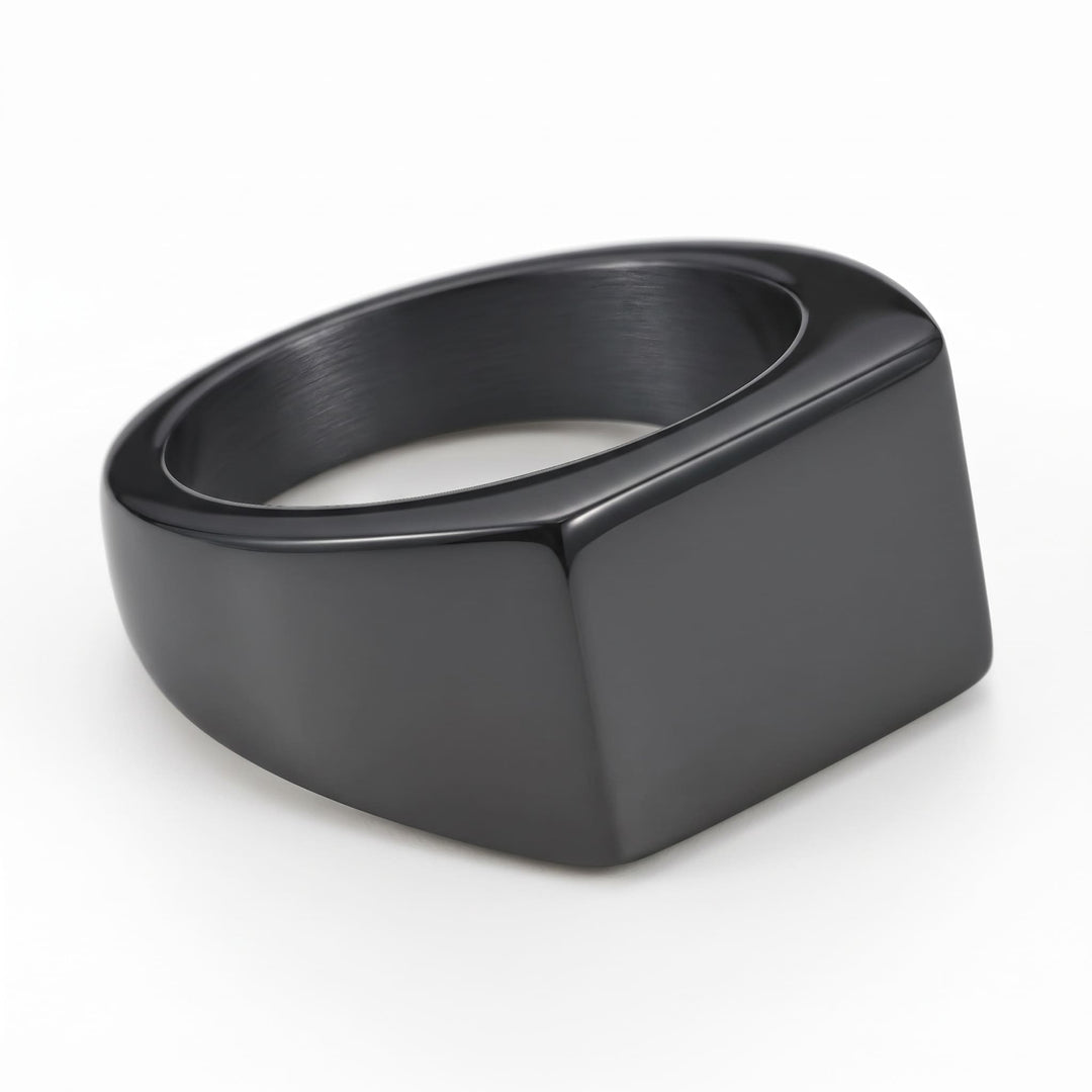 Rectangular Signet Ring (Black), a close view of the flat black face and edges