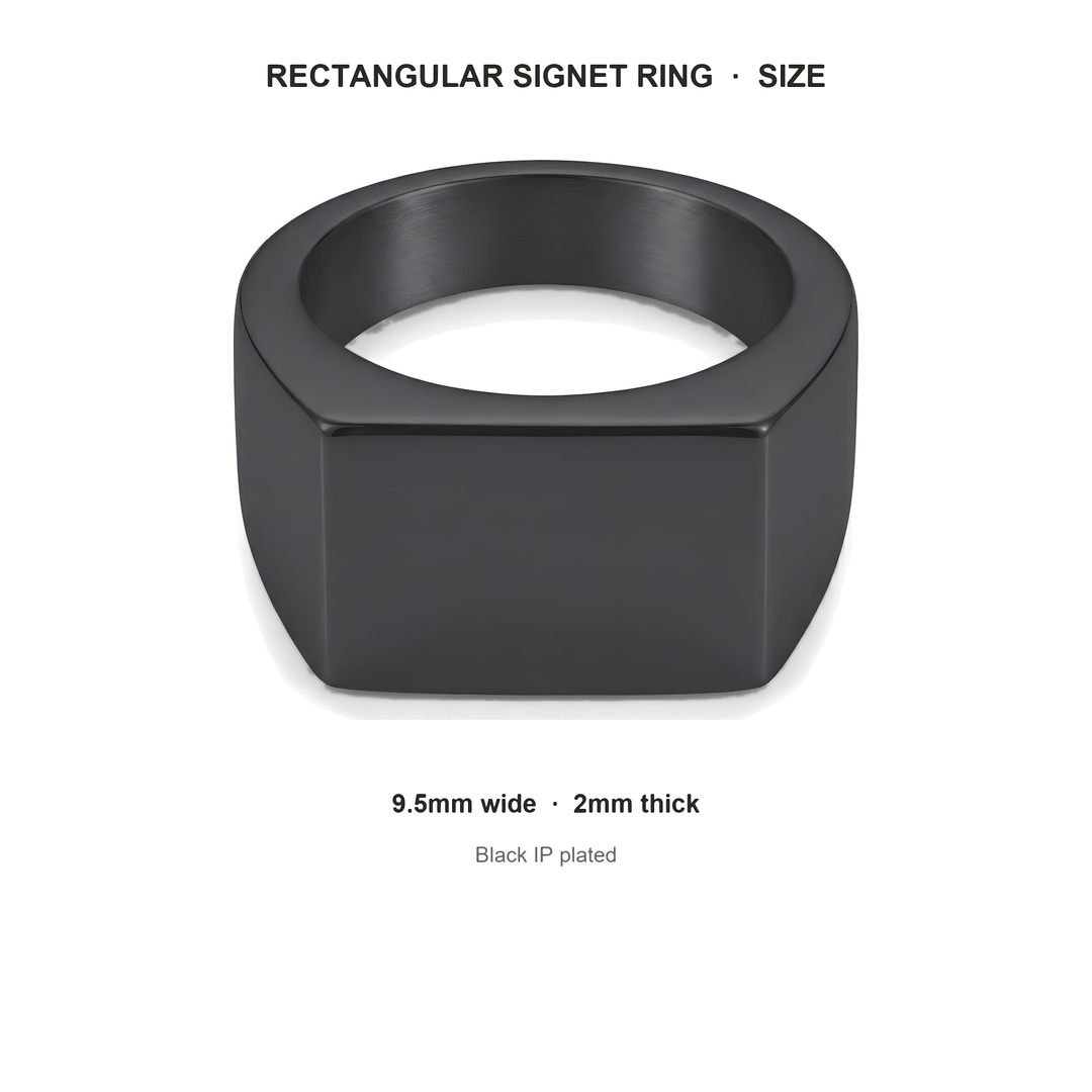 Rectangular Signet Ring (Black) size guide: 9.5mm wide, 2mm thick, Black IP plated