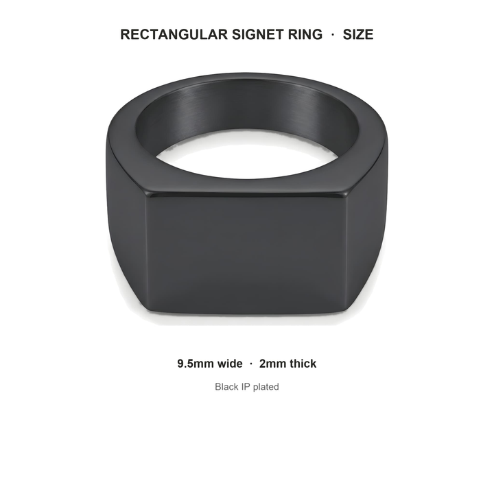Rectangular Signet Ring (Black) size guide: 9.5mm wide, 2mm thick, Black IP plated