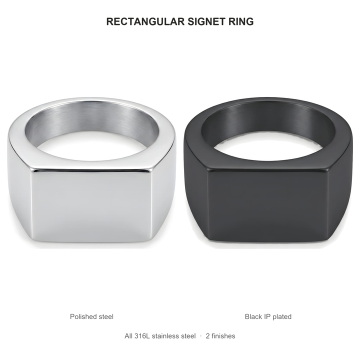 Rectangular Signet Ring (Black) finishes: Polished steel and Black IP plated, both 316L stainless steel