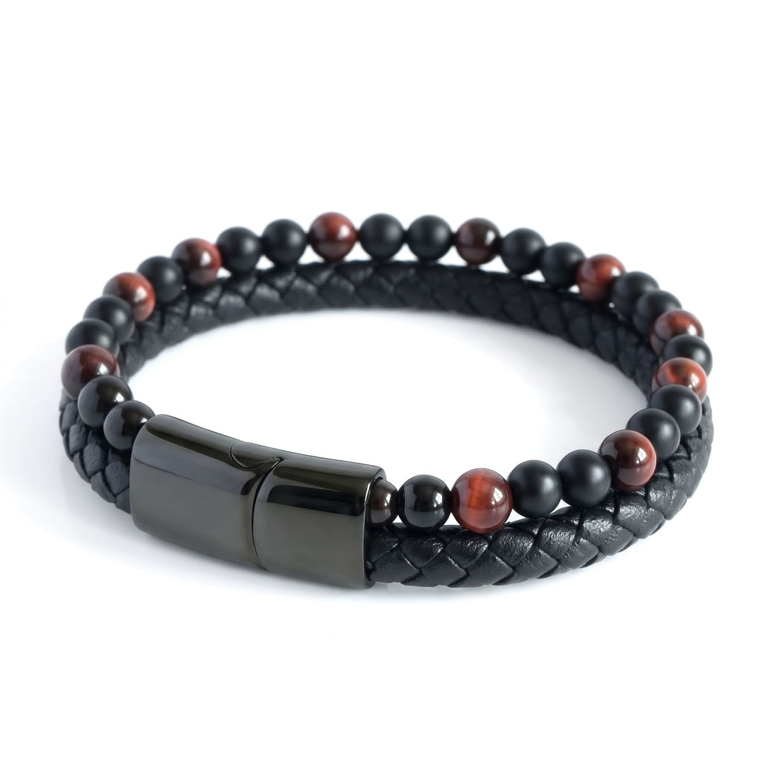 Red Tigers Eye Bead And Leather Bracelet, angled view of the beads, braided leather and black clasp