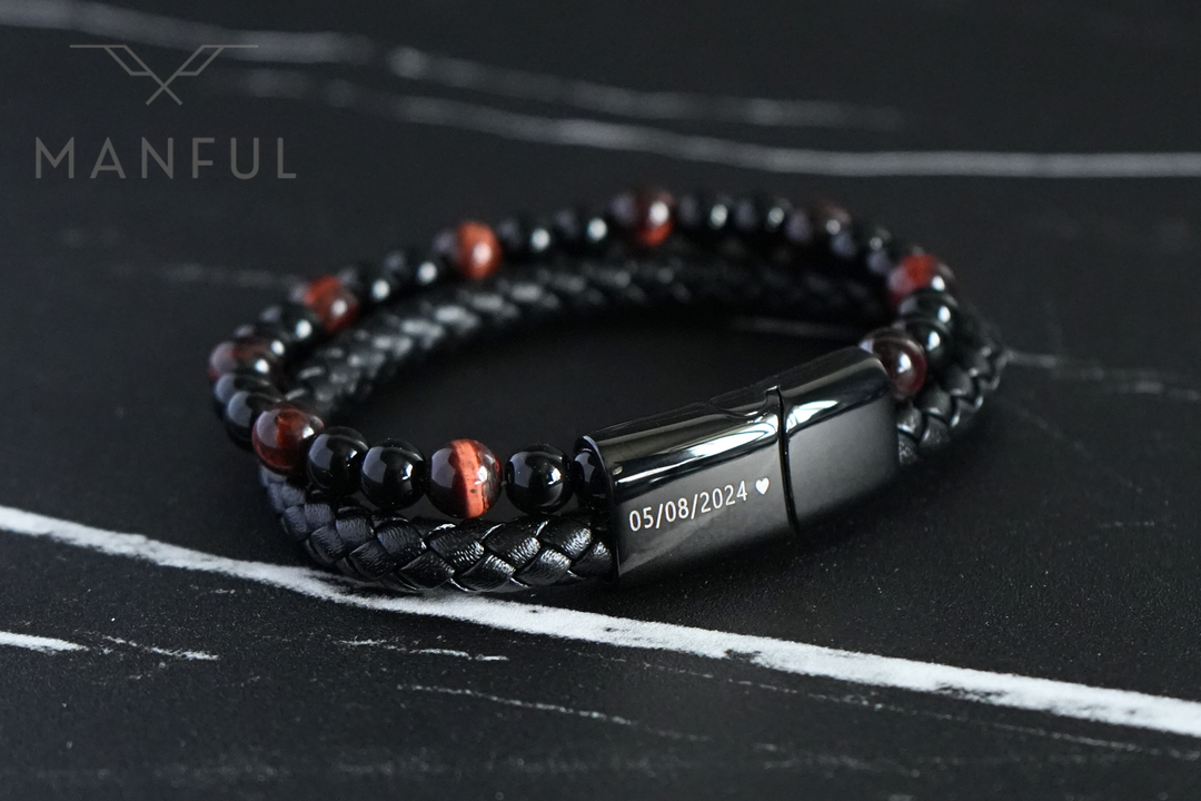 Red Tigers Eye Bead And Leather Bracelet, close-up of the clasp engraved with a date and heart