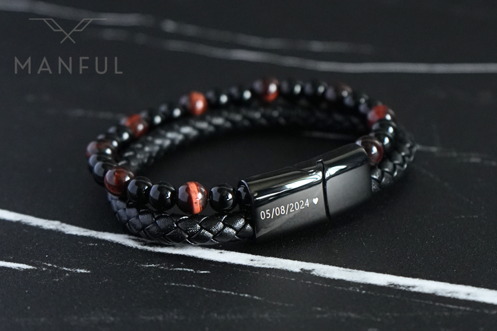 Red Tigers Eye Bead And Leather Bracelet, close-up of the clasp engraved with a date and heart