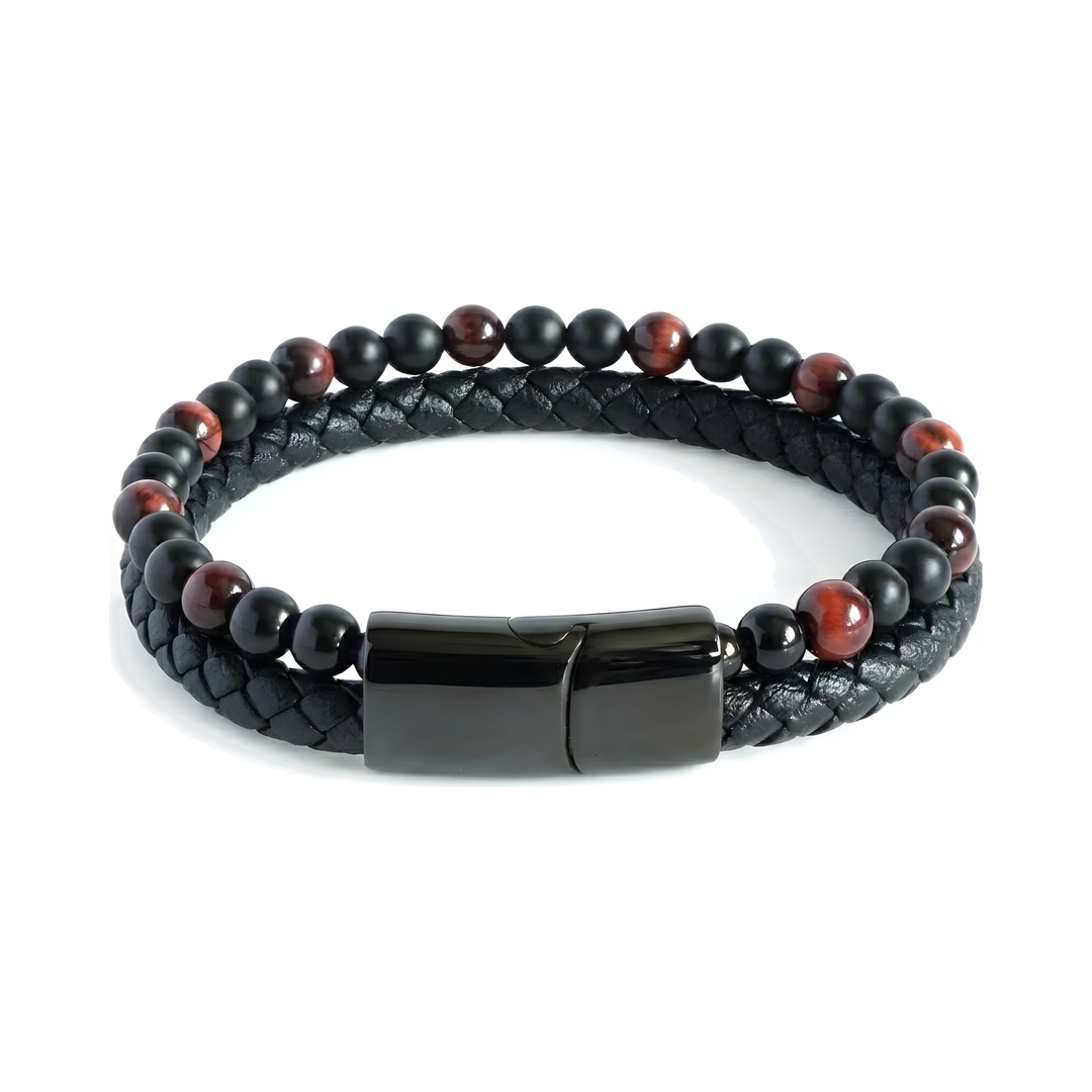 Red Tigers Eye Bead And Leather Bracelet, isolated on a white background with beaded strand and clasp