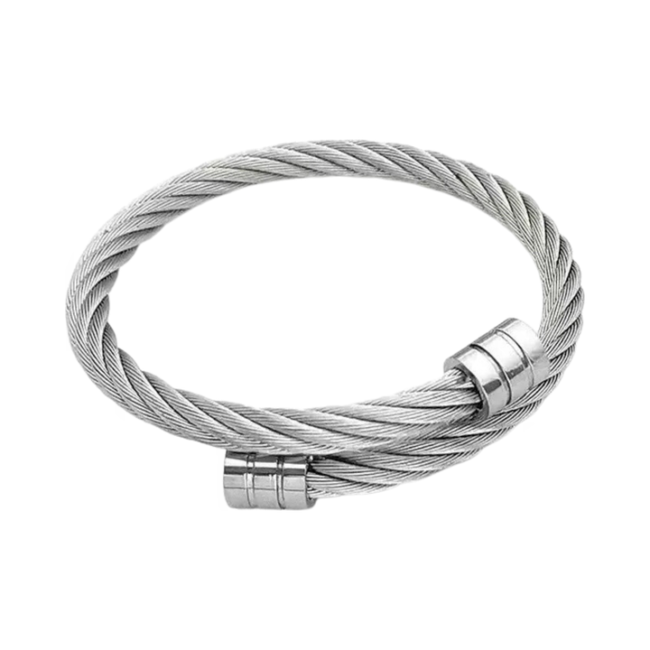Adjustable Silver Rope Bangle, isolated on a white background showing the twisted cable and open ends