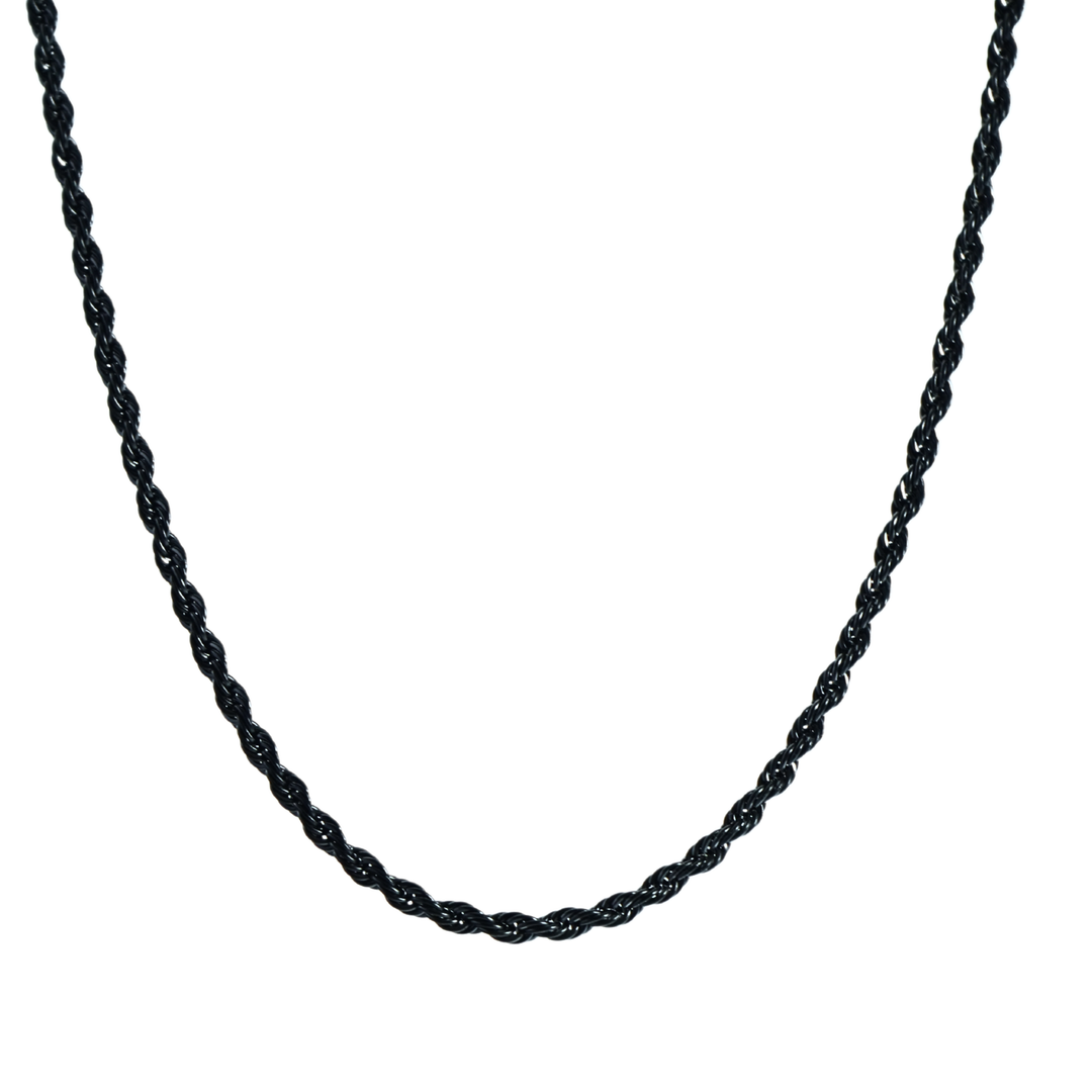 Rope Chain 3mm Black, isolated on a white background showing the full twisted rope design