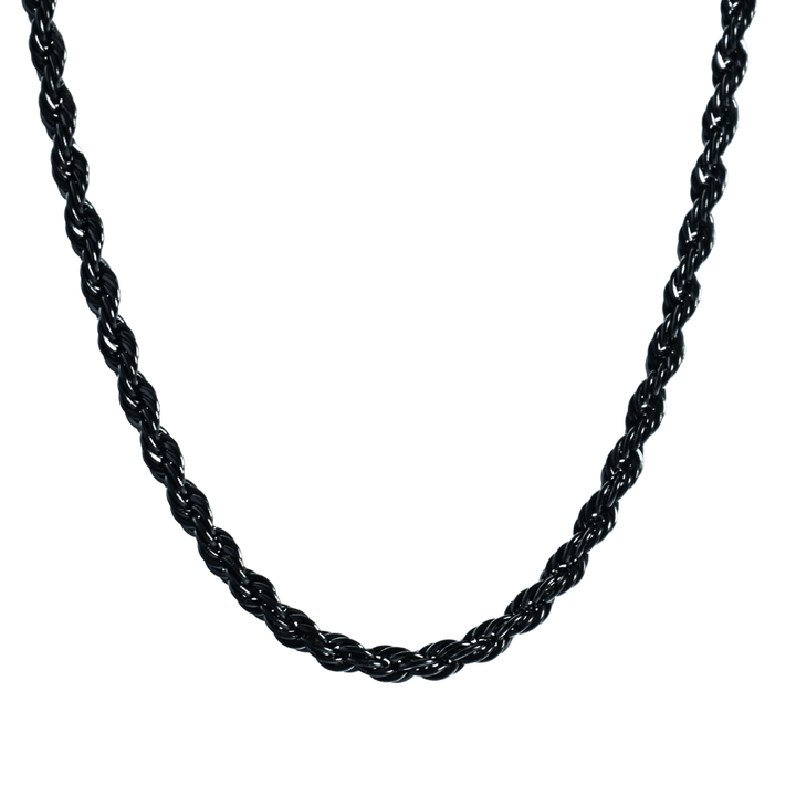 Rope Chain 5mm Black, isolated on white, draped in a loose loop