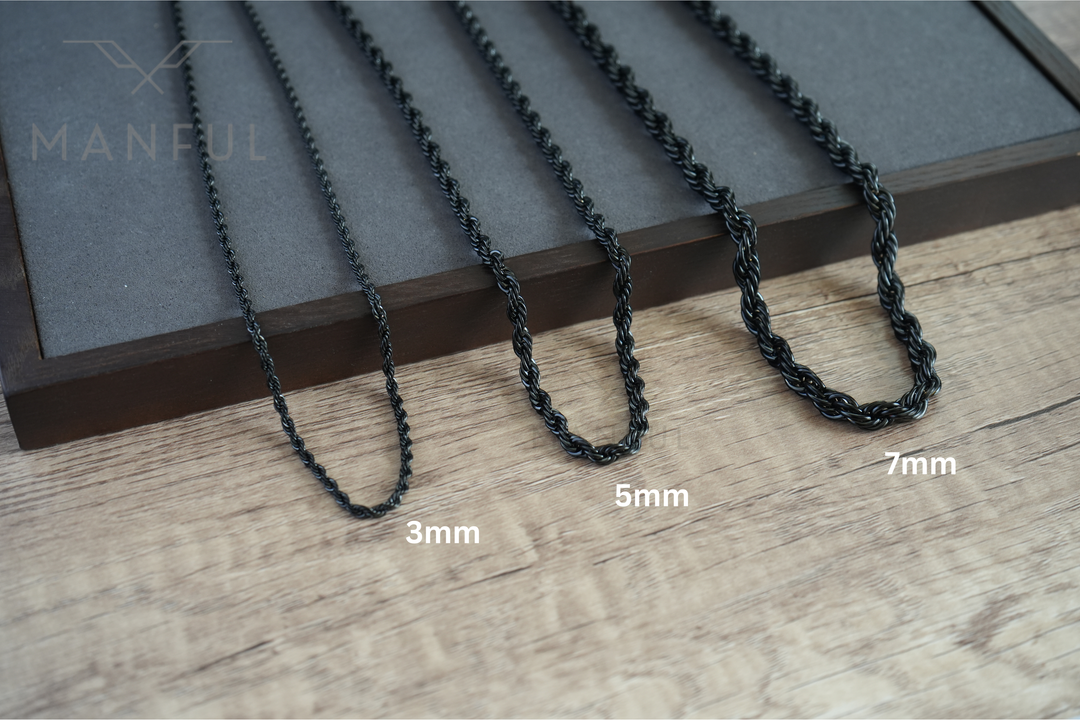 Rope Chain 7mm Black, displayed with 3mm and 5mm width comparisons on wood