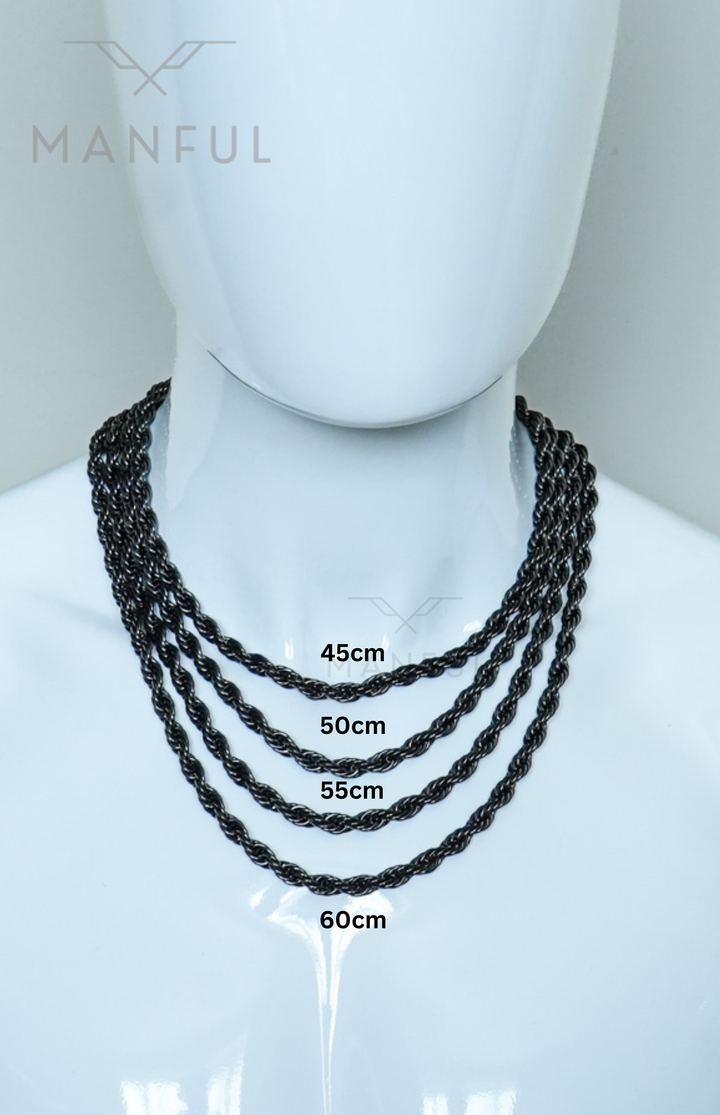 Rope Chain 7mm Black, worn layered with length labels from 45cm to 60cm shown