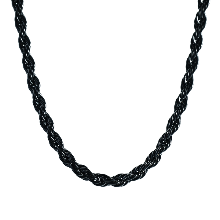 Rope Chain 7mm Black, isolated on a white background showing the twisted rope link pattern