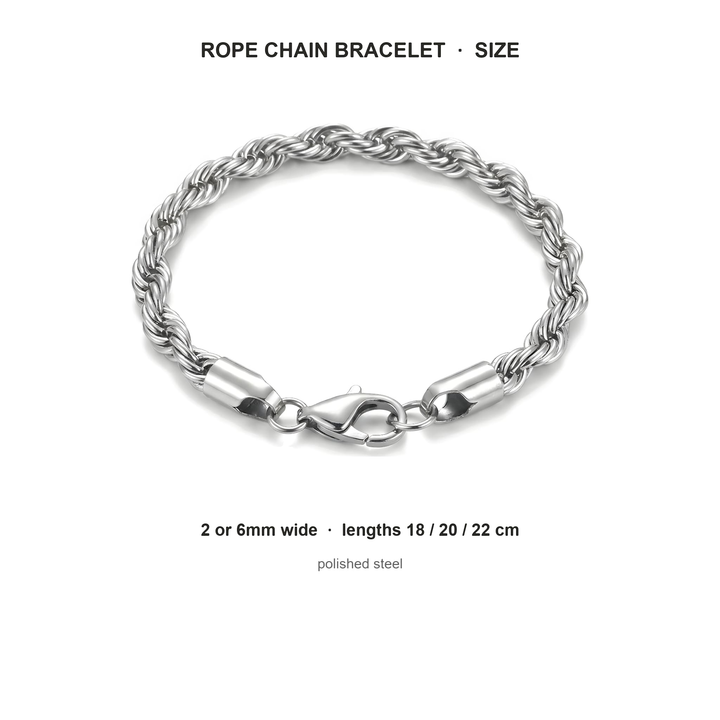 Rope Chain Bracelet (Silver) size guide: 2 or 6mm wide, lengths 18, 20 and 22 cm, polished steel