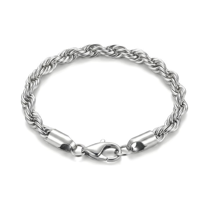 Rope Chain Bracelet Silver, isolated on a white background showing the full loop and clasp