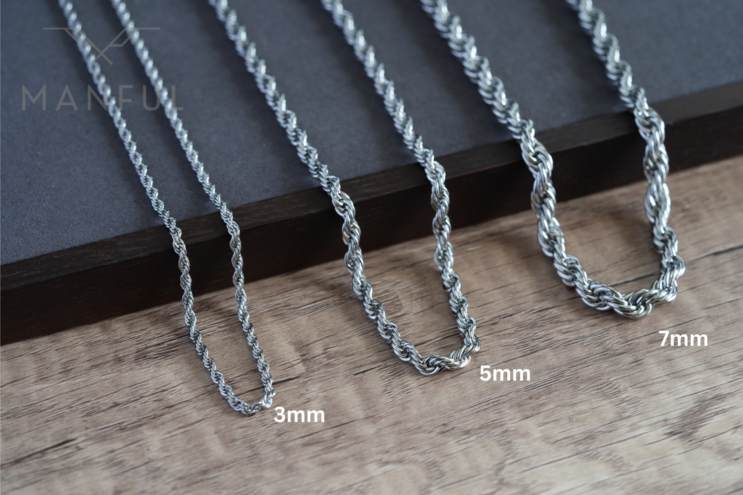 Rope Chain 3mm Silver, three thicknesses labelled 3mm, 5mm and 7mm on wood