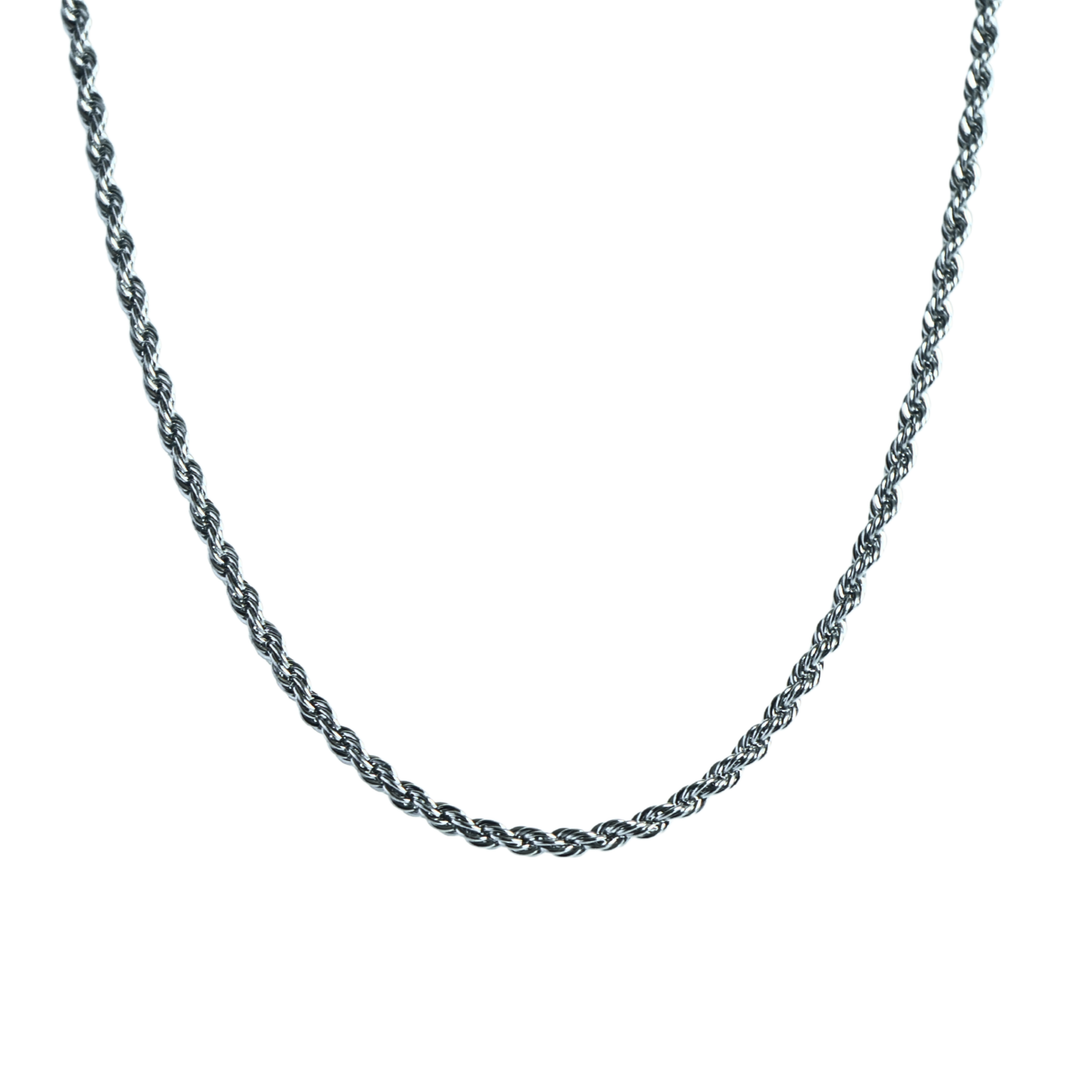 Rope Chain 3mm Silver, isolated on white, draped in a loose loop