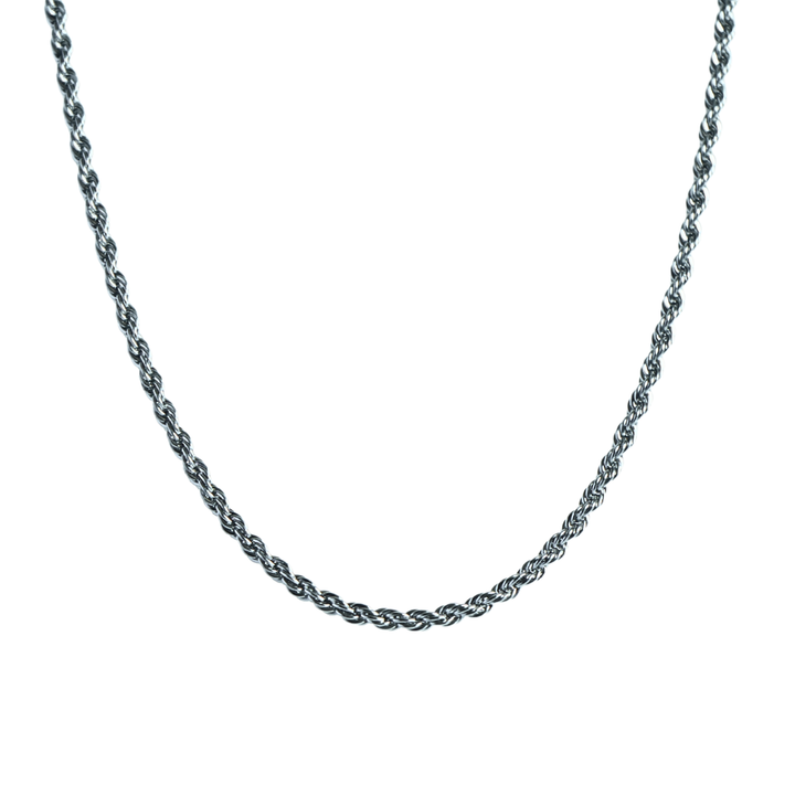 Rope Chain 3mm Silver, isolated on white, draped in a loose loop