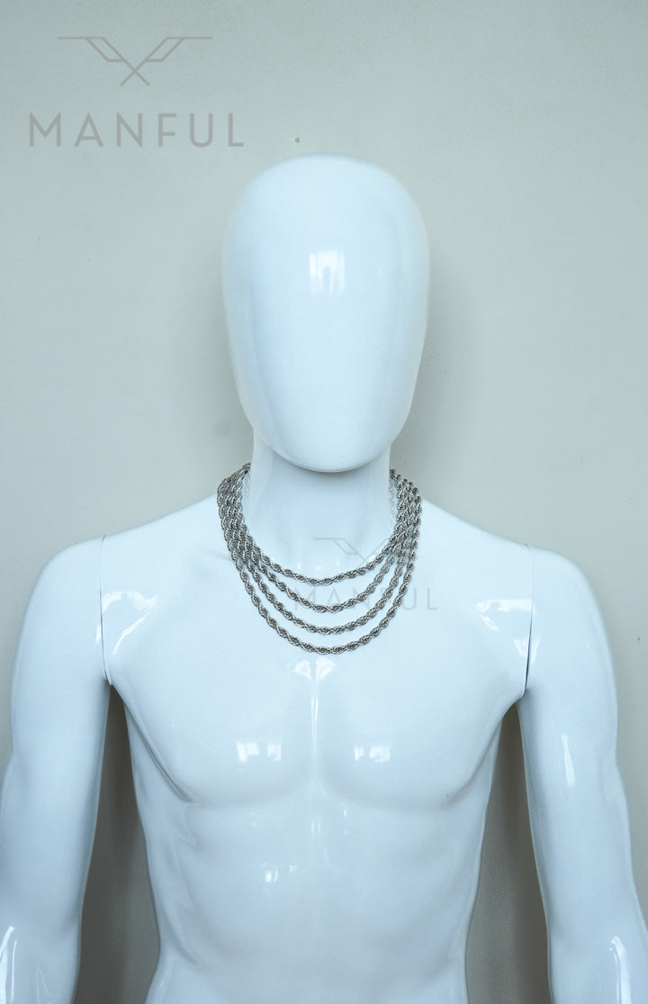 Rope Chain 7mm Silver, worn layered with three thinner chains on a mannequin neck