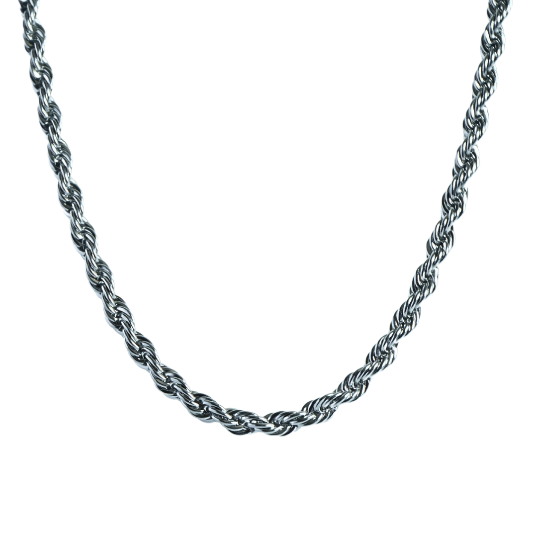 Rope Chain 5mm Silver, isolated on a white background showing the full twisted rope design