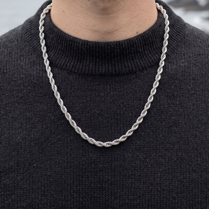 Rope Chain 7mm Silver worn over a charcoal knit jumper by the sea