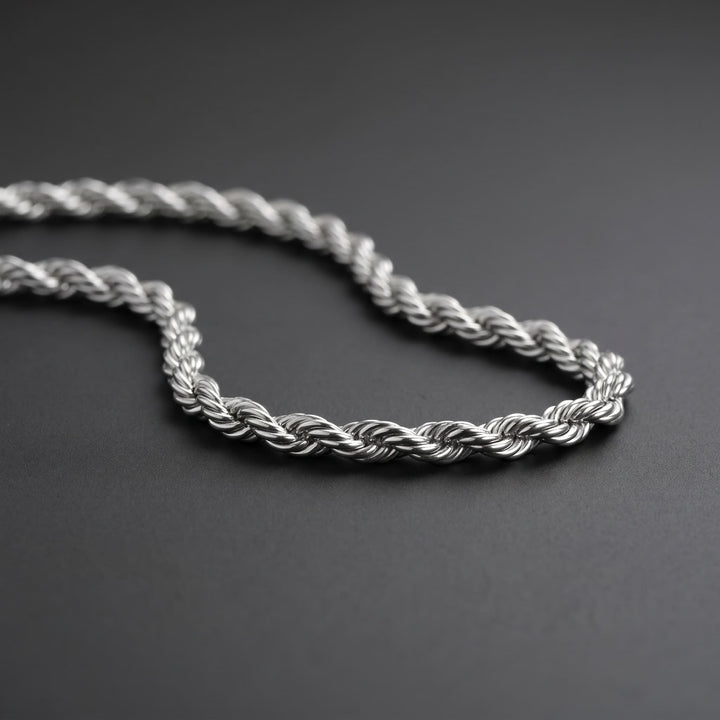 Rope Chain 7mm Silver on matte charcoal, close on the twisted strands