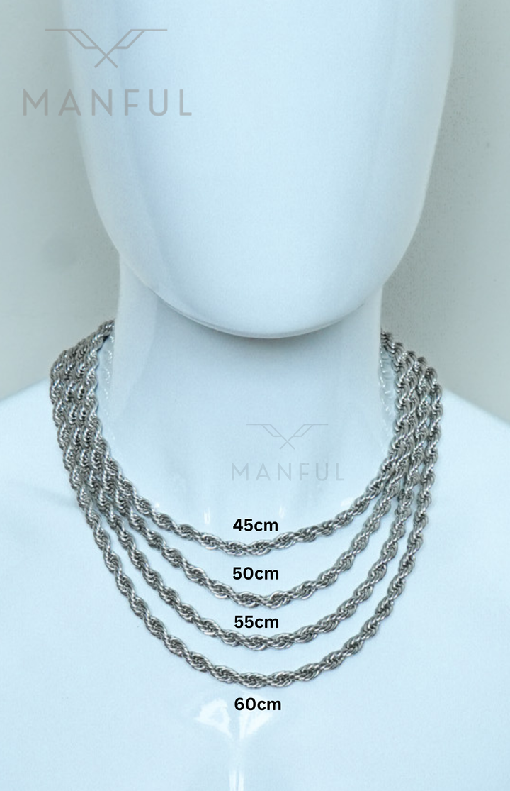 Rope Chain 7mm Silver, shown on a mannequin form with four length options from 45cm to 60cm