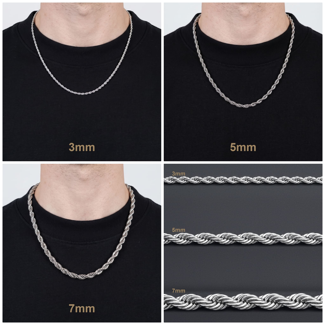 Rope Chain 7mm Silver width comparison: one man wearing the 3mm, 5mm and 7mm, plus a close up of all three