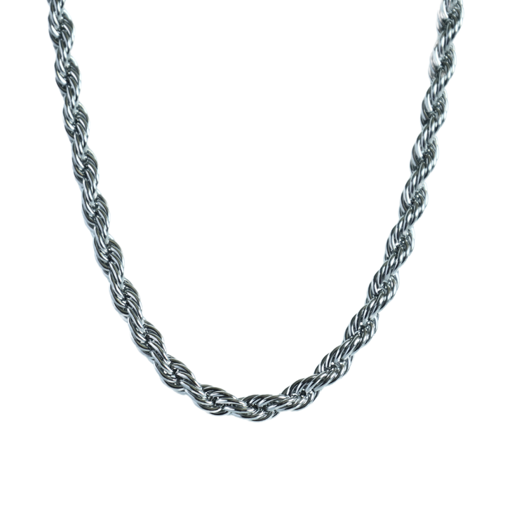 Rope Chain 7mm Silver, isolated on white draped in a classic curve