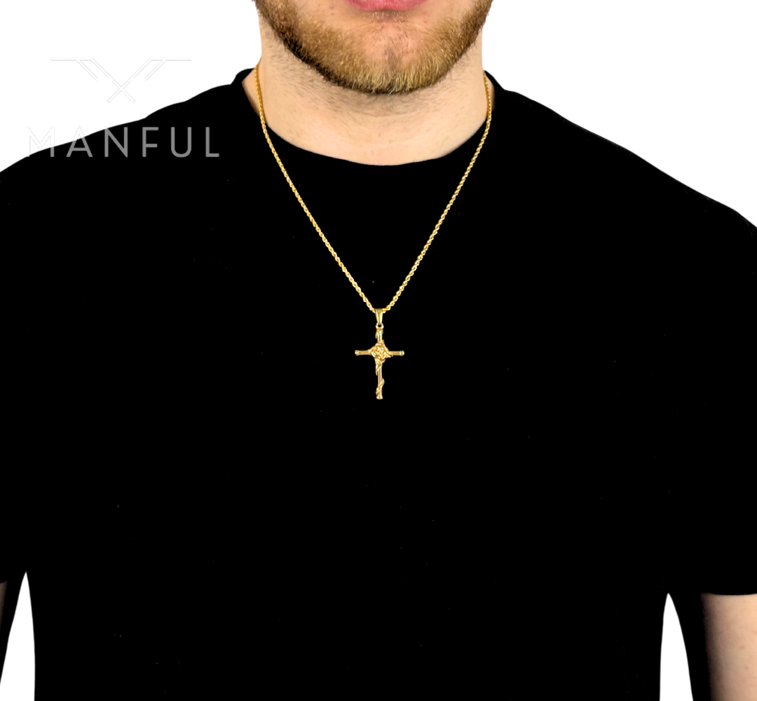 Rose Cross Pendant Necklace Gold, worn around a man's neck over a black t-shirt