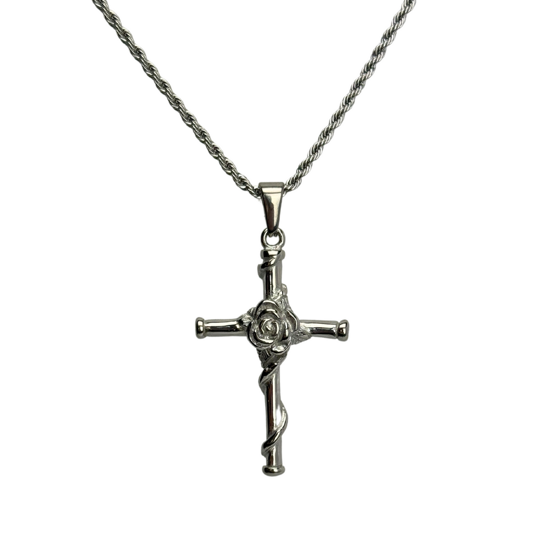 Rose Cross Pendant Necklace (Silver)