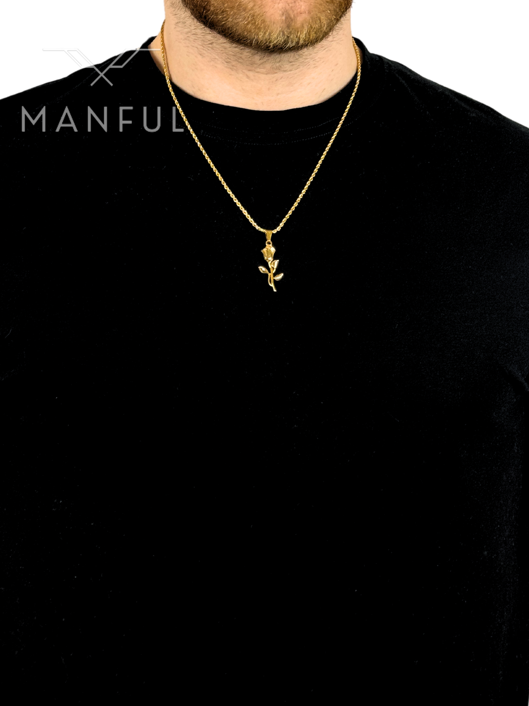 Rose Pendant Necklace Gold, worn around a man's neck over a black t-shirt