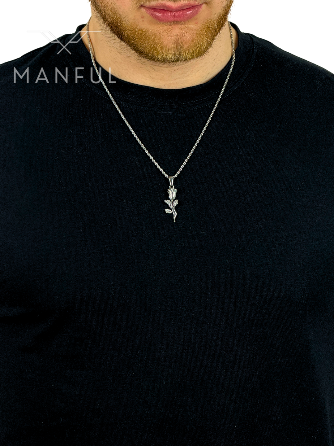 Rose Pendant Necklace Silver, worn around a man's neck over a black t-shirt