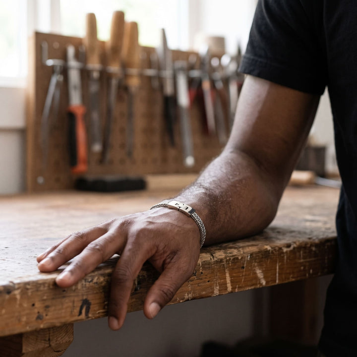 Foxtail Bracelet (Silver) on a man's wrist, his hand resting on a wooden workbench