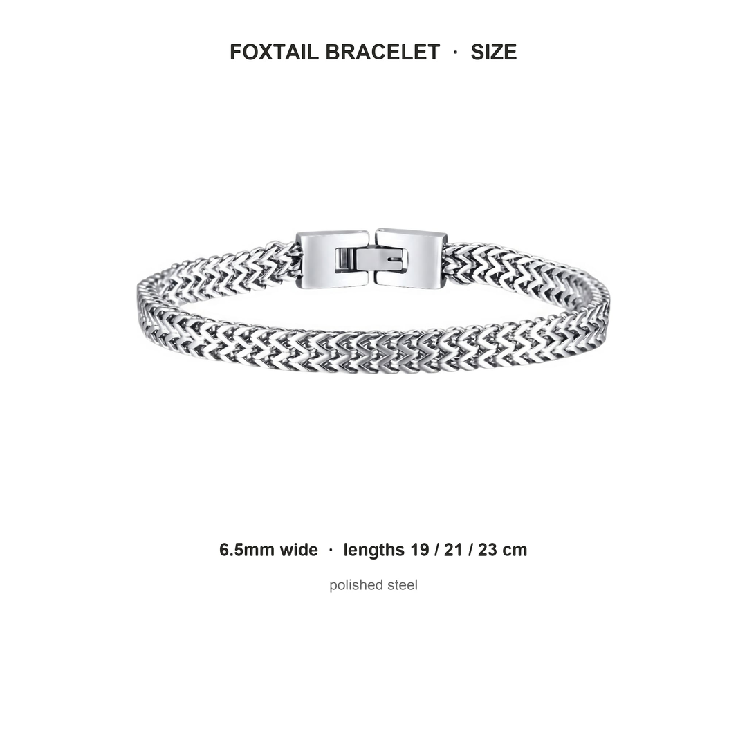 Foxtail Bracelet (Silver) size guide: 6.5mm wide, lengths 19, 21 and 23 cm