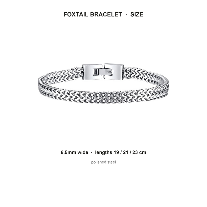 Foxtail Bracelet (Silver) size guide: 6.5mm wide, lengths 19, 21 and 23 cm