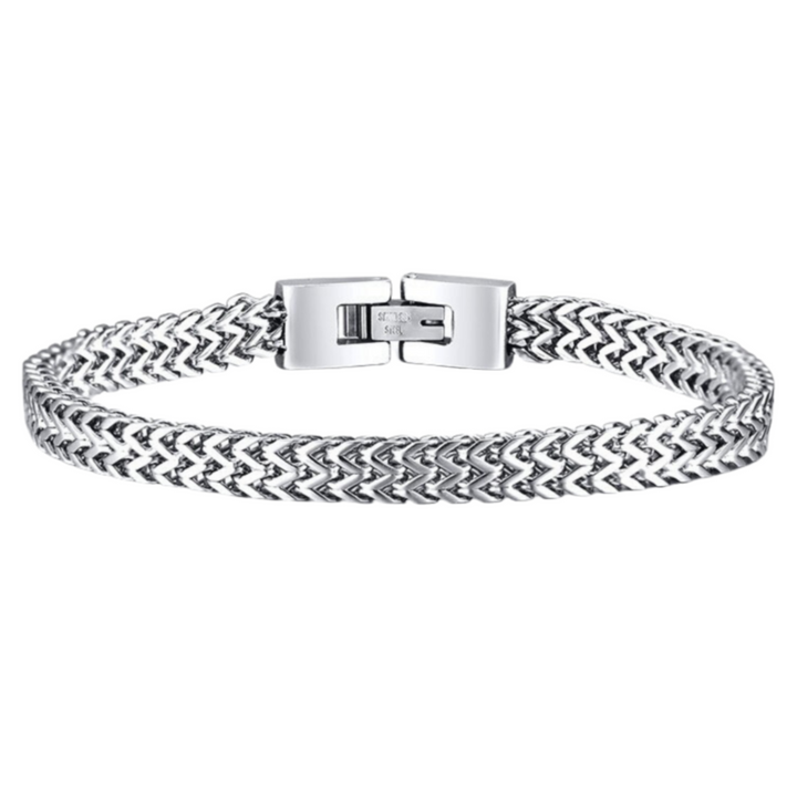 Foxtail Bracelet Silver, woven chain with fold-over clasp isolated on white