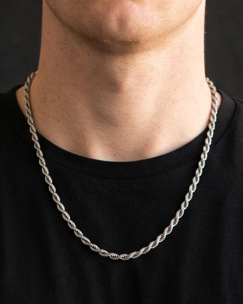 Silver Rope Chain 5mm worn at the collarbones over a plain black crew-neck tee